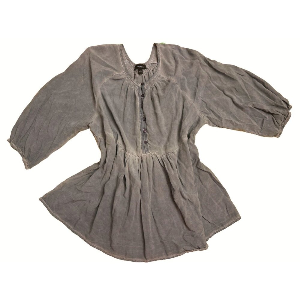 Very J Womens Large Gray Mid Button Down Rayon Blouse Sheer and Sexy - Picture 1 of 8